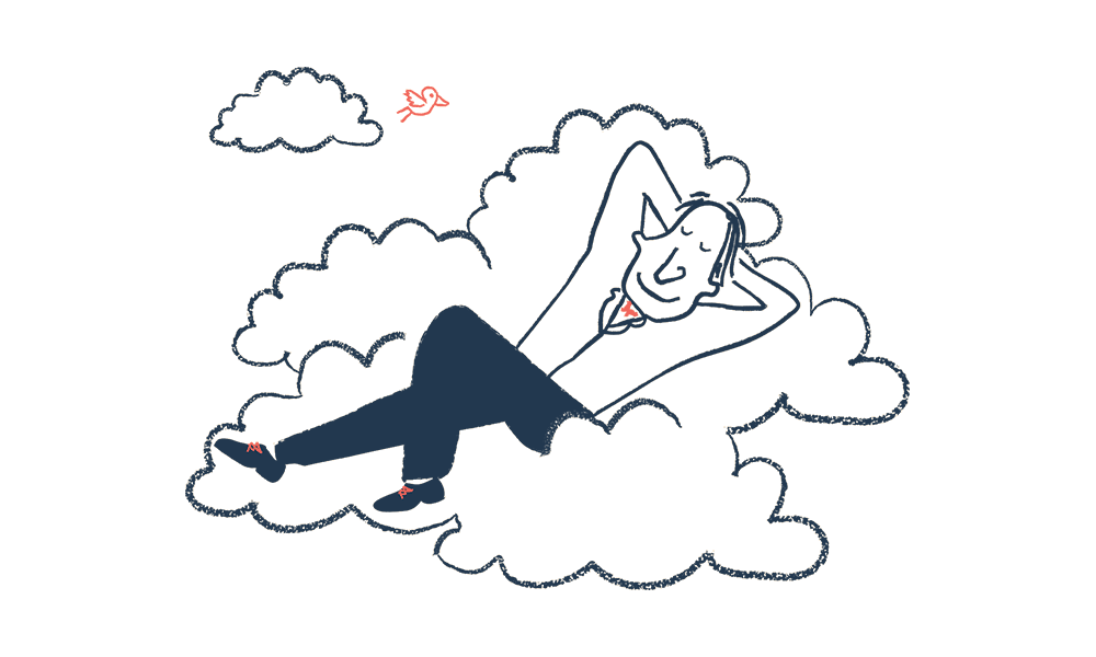 An illustration of a man relaxing on clouds