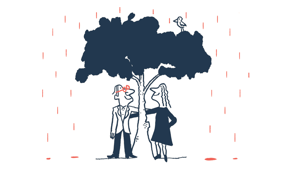 An illustration of a couple standing under a tree in the rain