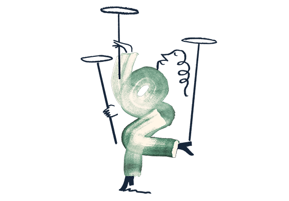 An illustration of a man spinning plates