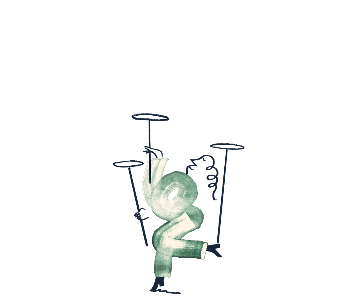 An illustration of a man spinning plates