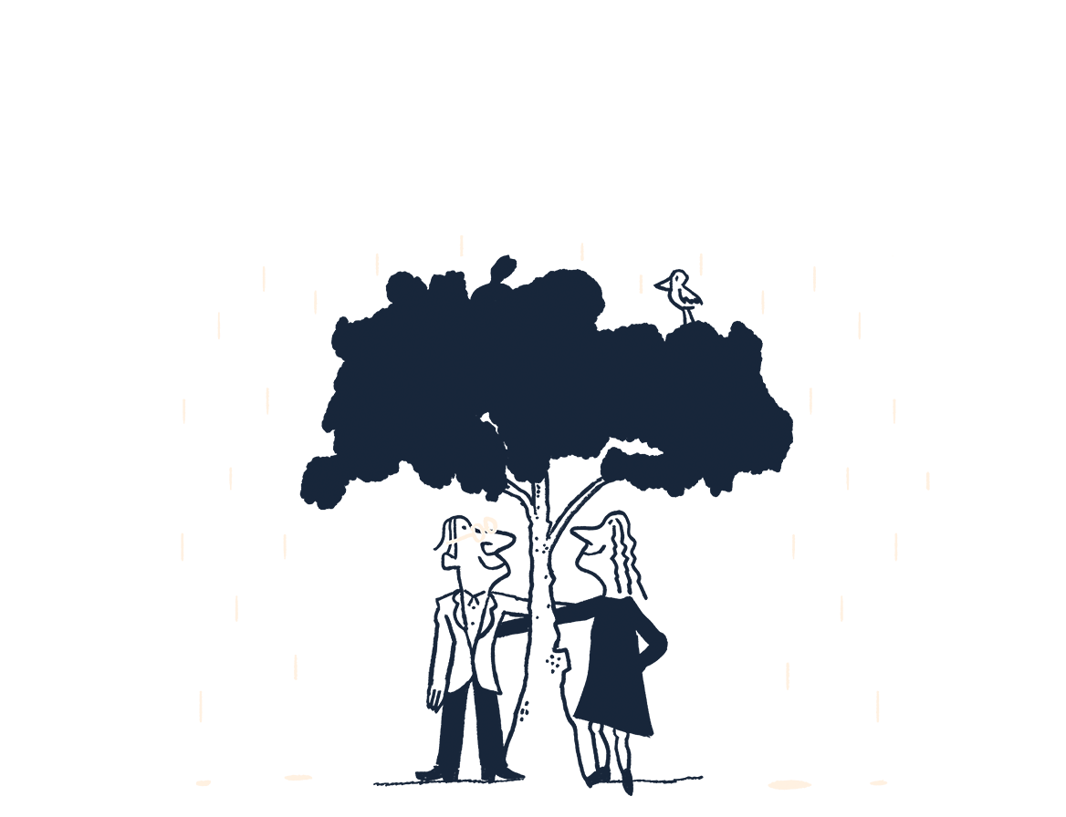 An illustration of a couple standing under a tree