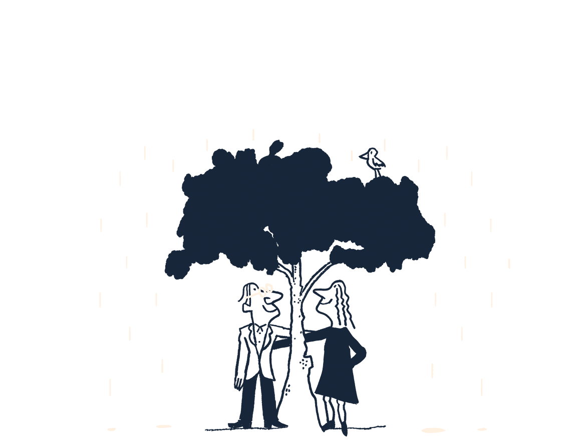 An illustration of a couple standing under a tree